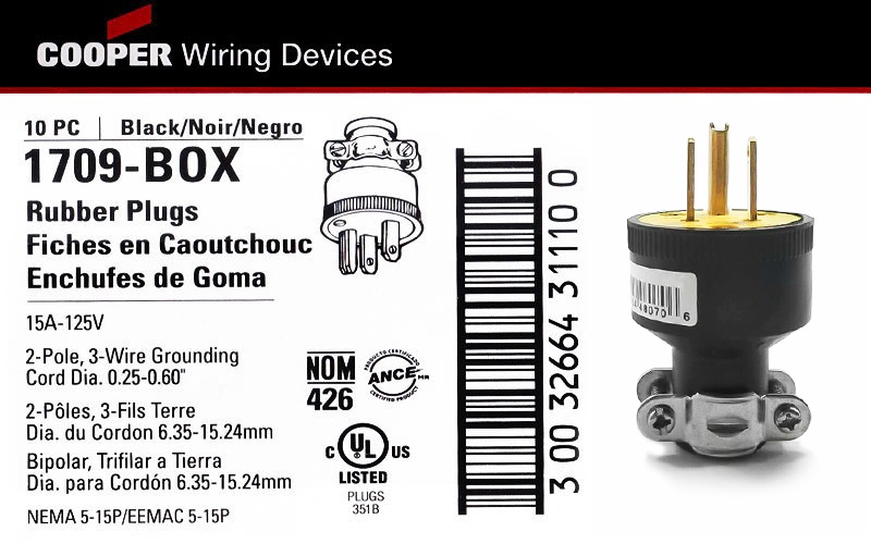 Rubber Plugs - COOPER ปลั๊กตัวผู้ 3ขา Cooper Wiring Devices  1709-BOX 15A -125V (1,875 W ) มาตรฐาน  UL(Underwriters Laboratories Inc.)  แสดงว่า เครื่องใช้ไฟฟ้านั้นถ้าเกิดไฟฟ้าลัดวงจรจะไม่ติดไฟง่าย ๆ ซึ่งเกือบทุกประเทศให้การยอมรับมาตรฐานนี้